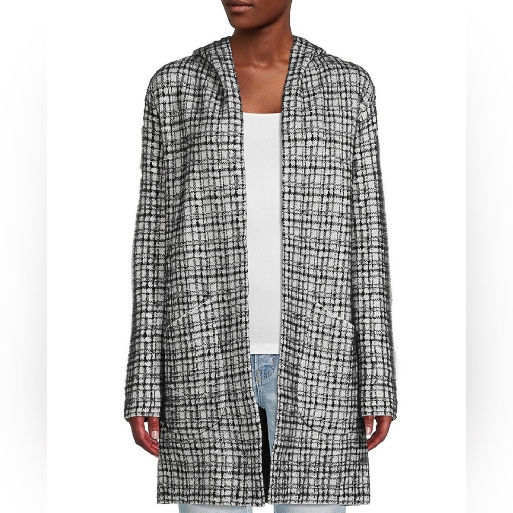 M Magaschoni Black White Hooded Plaid Eyelash Long Duster Cardigan Small NWOT